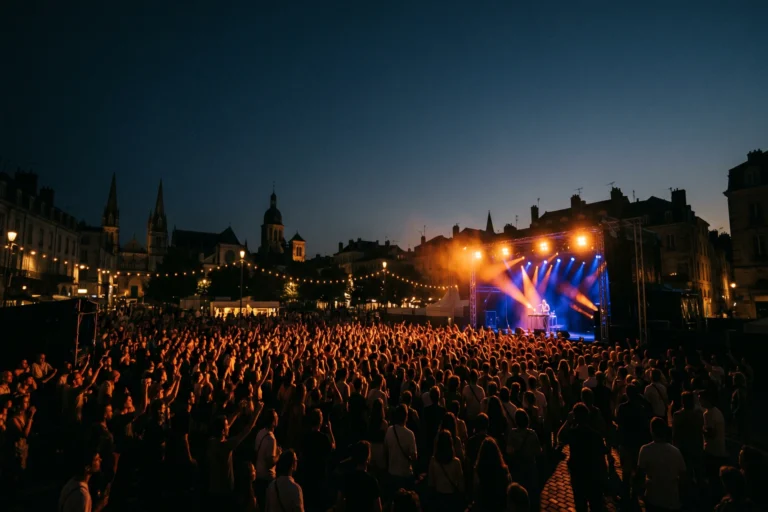 Foule compacte face a une scene de concert en plein air lors de la fete de la musique, eclairage scenique orange et bleu nuit
