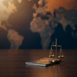 Passeport ouvert sur bureau sombre avec balance de justice et bouclier juridique sur fond bleu nuit et orange