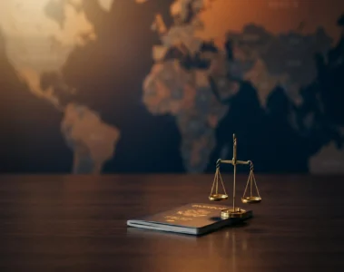 Passeport ouvert sur bureau sombre avec balance de justice et bouclier juridique sur fond bleu nuit et orange