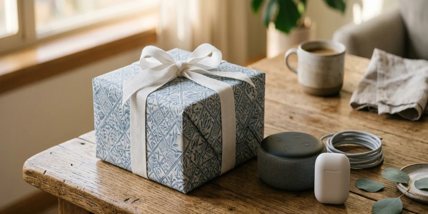 Cadeaux fête des pères tech : enceinte JBL, écouteurs sans fil et livre Kindle emballés sur une table en bois, lumière douce du matin