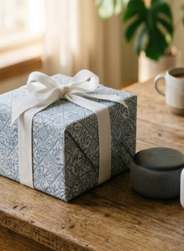 Cadeaux fête des pères tech : enceinte JBL, écouteurs sans fil et livre Kindle emballés sur une table en bois, lumière douce du matin