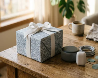 Cadeaux fête des pères tech : enceinte JBL, écouteurs sans fil et livre Kindle emballés sur une table en bois, lumière douce du matin