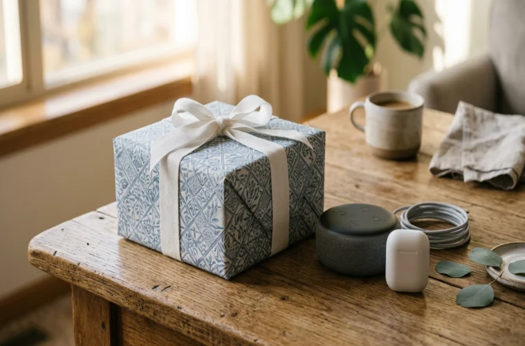 Cadeaux fête des pères tech : enceinte JBL, écouteurs sans fil et livre Kindle emballés sur une table en bois, lumière douce du matin
