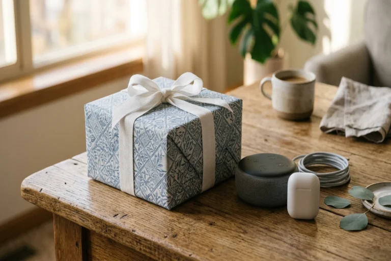 Cadeaux fête des pères tech : enceinte JBL, écouteurs sans fil et livre Kindle emballés sur une table en bois, lumière douce du matin