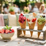 Glace maison sans sorbetiere : 8 recettes express avec 3 ingredients - cornets colores sur table en bois