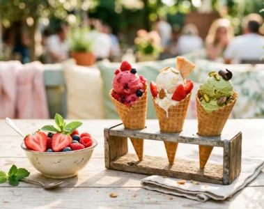 Glace maison sans sorbetiere : 8 recettes express avec 3 ingredients - cornets colores sur table en bois