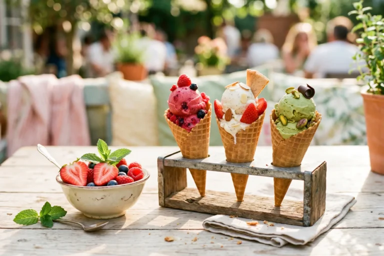 Glace maison sans sorbetiere : 8 recettes express avec 3 ingredients - cornets colores sur table en bois