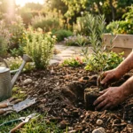 Mains plantant un jeune olivier dans un jardin ensoleille, lumiere golden hour