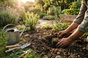 Mains plantant un jeune olivier dans un jardin ensoleille, lumiere golden hour
