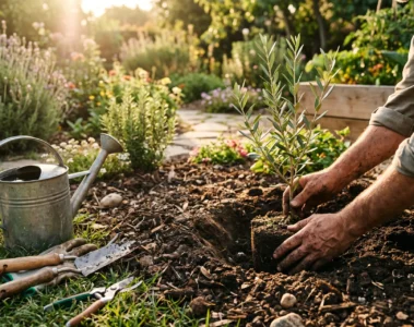 Mains plantant un jeune olivier dans un jardin ensoleille, lumiere golden hour