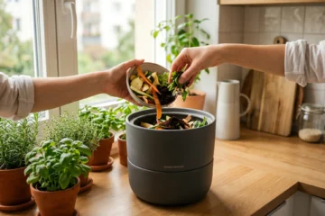 Mains ajoutant des epluchures dans un lombricomposteur moderne sur un plan de travail de cuisine eclaire