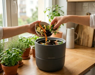 Mains ajoutant des epluchures dans un lombricomposteur moderne sur un plan de travail de cuisine eclaire