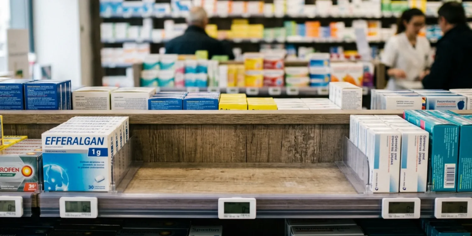 Étagère de pharmacie française avec espace vide où devraient être les boîtes de Doliprane