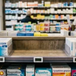 Doliprane en rupture 2026 : où trouver du paracétamol encore disponible Étagère de pharmacie française avec espace vide où devraient être les boîtes de Doliprane