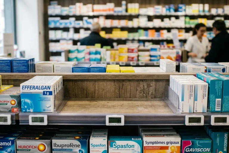 Étagère de pharmacie française avec espace vide où devraient être les boîtes de Doliprane