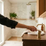 Salle de bain moderne avec pommeau de douche economique en fonctionnement, lumiere naturelle
