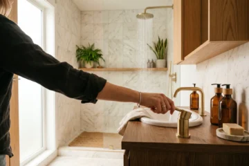 Salle de bain moderne avec pommeau de douche economique en fonctionnement, lumiere naturelle