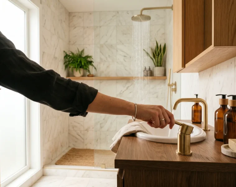 Salle de bain moderne avec pommeau de douche economique en fonctionnement, lumiere naturelle