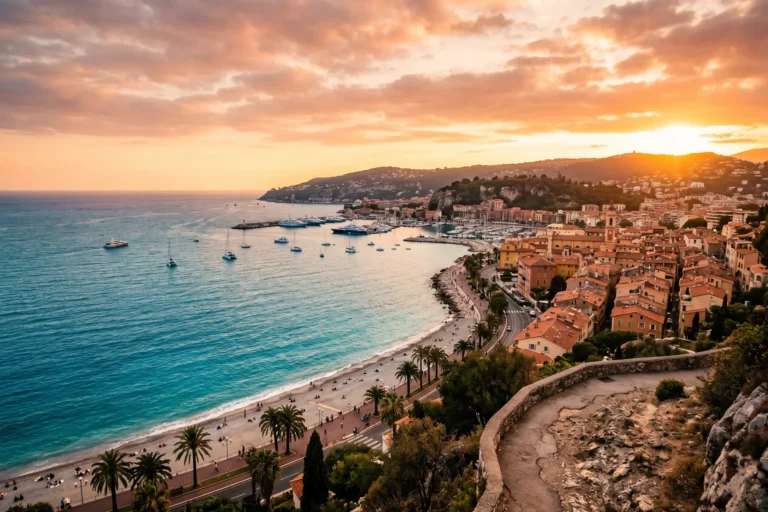 Vue panoramique de la Cote d Azur au coucher de soleil, baie de Nice avec palmiers et plage
