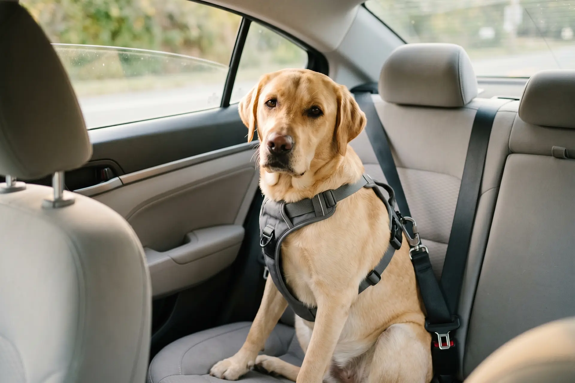 Chien attaché avec harnais de sécurité en voiture