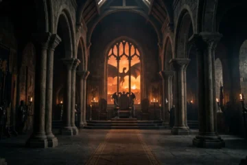 Salle du trône médiévale avec un dragon en arrière-plan, ambiance fantasy sombre