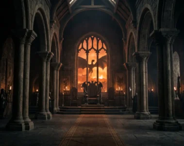 Salle du trône médiévale avec un dragon en arrière-plan, ambiance fantasy sombre