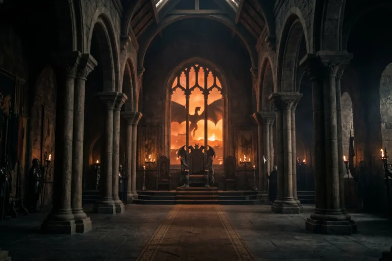 Salle du trône médiévale avec un dragon en arrière-plan, ambiance fantasy sombre