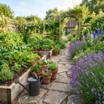 Jardin ensoleille avec potager, paillage, lavande en fleurs, pots en terre cuite, arrosoir sur chemin en pierre, atmosphere jardin d'ete