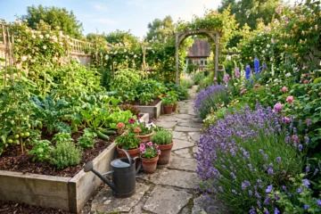 Jardin ensoleille avec potager, paillage, lavande en fleurs, pots en terre cuite, arrosoir sur chemin en pierre, atmosphere jardin d'ete