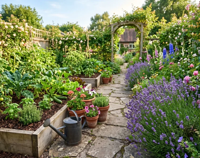 Jardin ensoleille avec potager, paillage, lavande en fleurs, pots en terre cuite, arrosoir sur chemin en pierre, atmosphere jardin d'ete