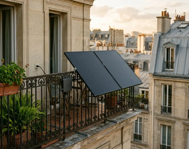 Kit solaire balcon 800 Wc plug and play installé sur un balcon d'appartement