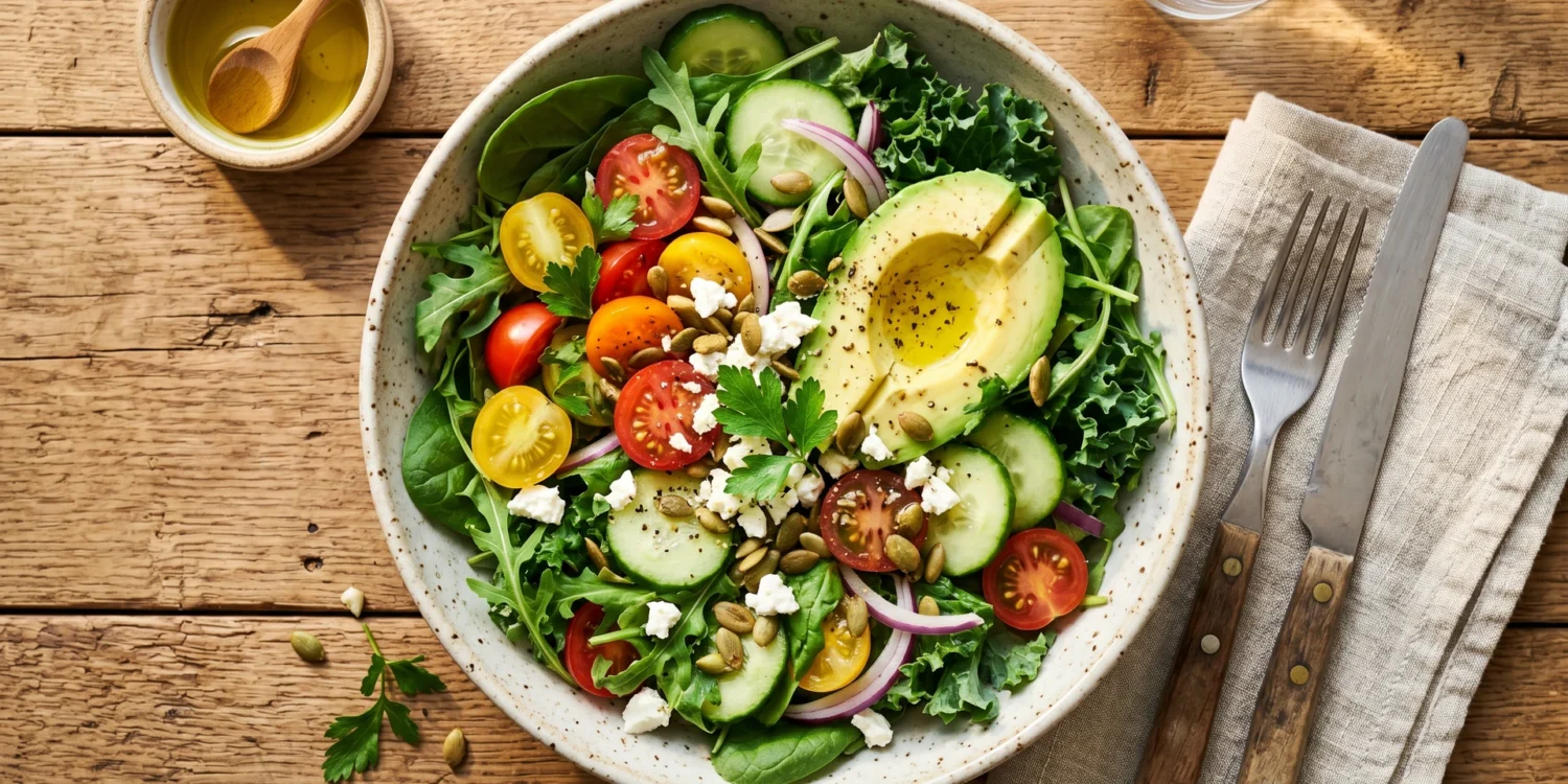 Salade coloree avec avocat tomates et verdures sur table en bois, lumiere naturelle, illustration article perte de poids durable