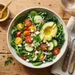 Salade coloree avec avocat tomates et verdures sur table en bois, lumiere naturelle, illustration article perte de poids durable