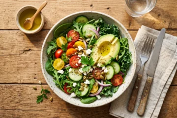 Salade coloree avec avocat tomates et verdures sur table en bois, lumiere naturelle, illustration article perte de poids durable