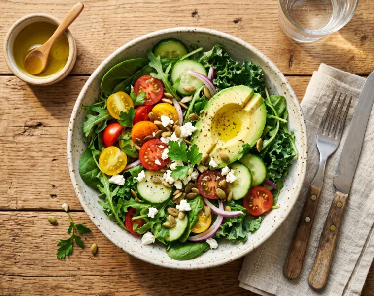 Salade coloree avec avocat tomates et verdures sur table en bois, lumiere naturelle, illustration article perte de poids durable