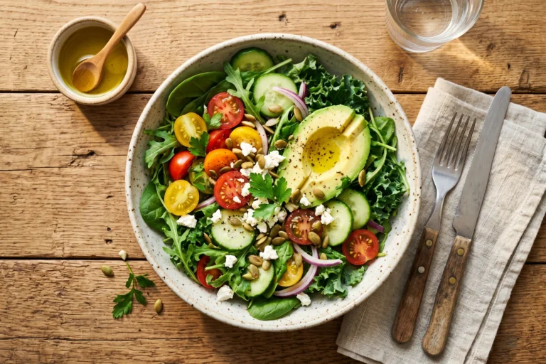 Salade coloree avec avocat tomates et verdures sur table en bois, lumiere naturelle, illustration article perte de poids durable