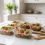 Illustration éditoriale meal prep débutant contenants verre repas équilibrés