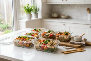 Illustration éditoriale meal prep débutant contenants verre repas équilibrés