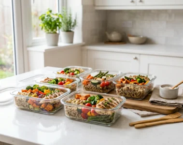 Illustration éditoriale meal prep débutant contenants verre repas équilibrés