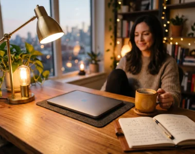 Bureau moderne avec ambiance chaleureuse pour un film romance au travail