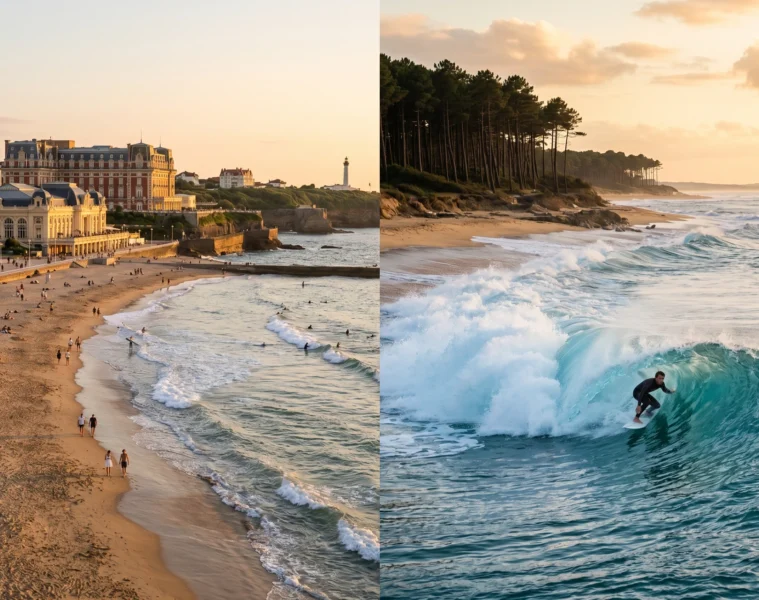 Illustration pour article comparatif Biarritz vs Hossegor vacances surf 2026