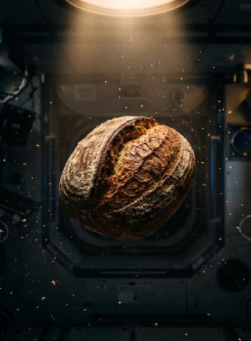 Pain rond flottant en impesanteur dans l'espace, illustration interdite pain NASA
