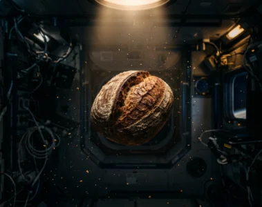 Pain rond flottant en impesanteur dans l'espace, illustration interdite pain NASA