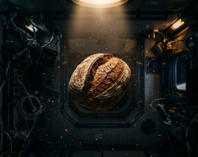 Pain rond flottant en impesanteur dans l'espace, illustration interdite pain NASA