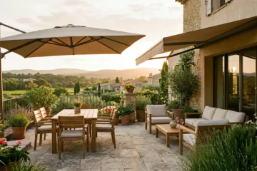 Terrasse moderne 2026 avec parasol déporté beige et store banne motorisé
