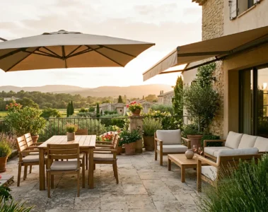Terrasse moderne 2026 avec parasol déporté beige et store banne motorisé