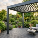 Pergola bioclimatique en aluminium gris anthracite avec lames orientables sur terrasse en bois composite