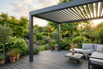 Pergola bioclimatique en aluminium gris anthracite avec lames orientables sur terrasse en bois composite