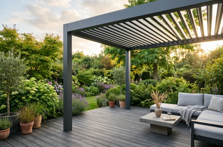 Pergola bioclimatique en aluminium gris anthracite avec lames orientables sur terrasse en bois composite