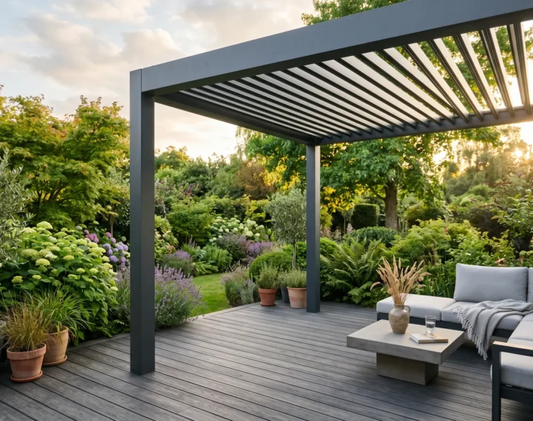 Pergola bioclimatique en aluminium gris anthracite avec lames orientables sur terrasse en bois composite